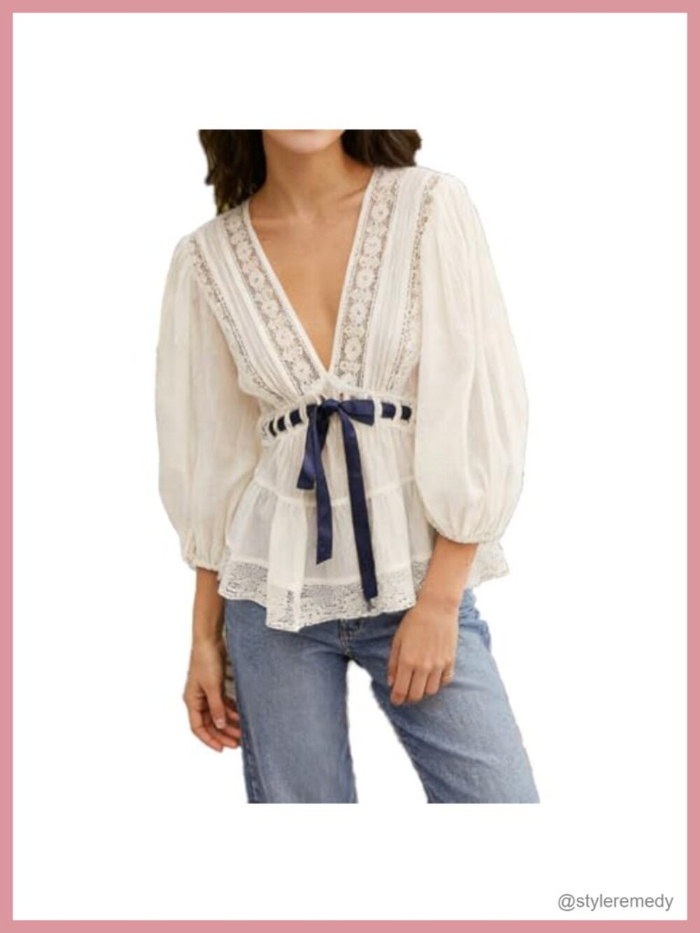 Boho Lace Tie Front Sheer Chiffon Blouse Puff Sleeve V Neck Peplum Top